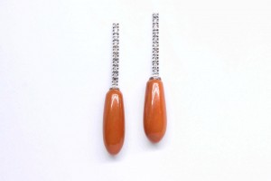 White gold earrings with coral drops and diamonds
